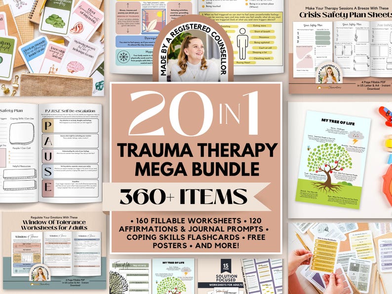 Trauma Therapy Worksheets Bundle, PTSD, Coping Skills (Digital Download) image 1