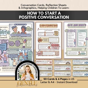 May include: A set of educational materials titled How to Start a Positive Conversation, including three illustrated pages with comic-style panels, conversation starters, and do's and don'ts lists, plus several small cards for children to learn social skills.