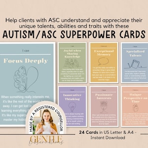 Cartes-éclair pour l'affirmation des capacités d'adaptation sur les superpuissances de l'autisme, outil de thérapie ASC, cartes ASC basées sur la force, bureau d'un conseiller scolaire, travailleur social
