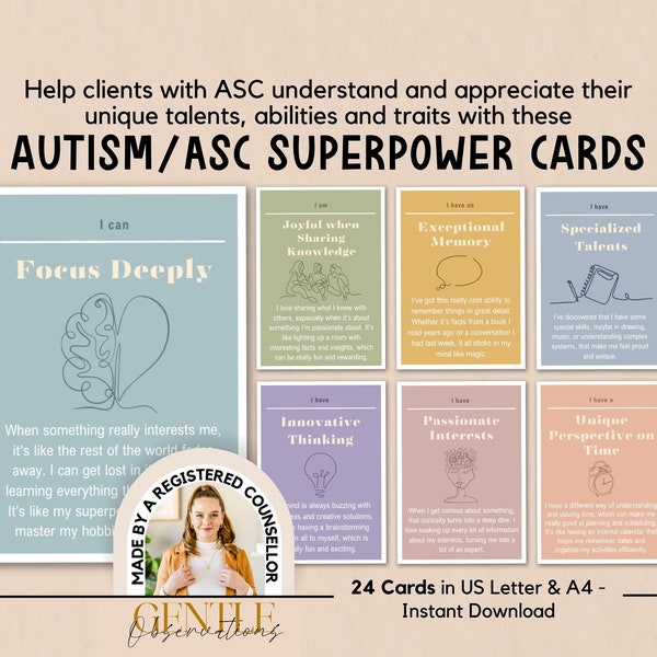 Autisme Superkracht Copingvaardigheid Bevestiging Flashcards, ASC-therapietool, op kracht gebaseerde ASC-kaarten, schooladviseurkantoor, maatschappelijk werker