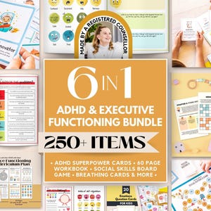 Puede incluir: Un paquete 6 en 1 de TDAH y funciones ejecutivas con más de 250 artículos, que incluye tarjetas de superpoderes para el TDAH, un libro de ejercicios de 60 páginas, un juego de mesa de habilidades sociales y tarjetas de respiración.
