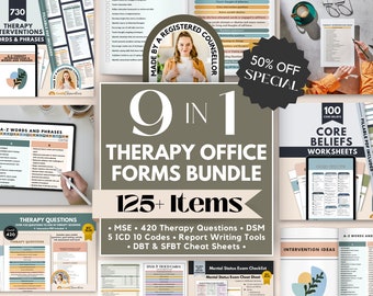 Therapy Office Forms Bundle (50% OFF), Therapy Interventions, Mental Status Exam, Core Beliefs, DSM ICD-10 Codes, Therapy Question Prompts