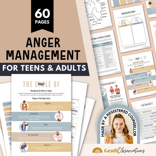 Anger Management Workbook for Teens and Adults, Anger Coping Skill Worksheets for Emotional Regulation, Healing Anger Issues, Self-Awareness