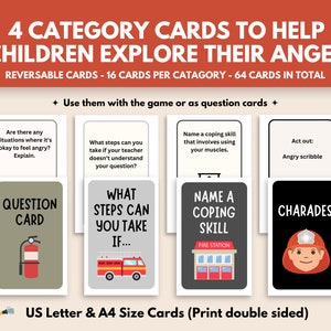 May include: Four category cards to help children explore their anger. Each card has a different category: Question Card, What Steps Can You Take If..., Name a Coping Skill, and Charades. The cards are reversible and feature a fire truck and firefighter theme.