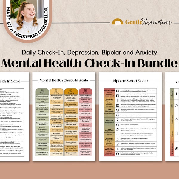 Mental Health Check-In Scales to Identify Emotions in Therapy Sessions, Depression, Anxiety, Bipolar, Trauma and Crisis Therapy Worksheets