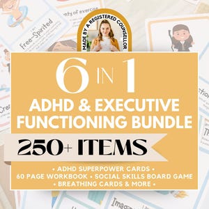 ADHD Executive Functioning Worksheet Bundle for Kids, ADHD Planner, ADHD Counseling, Emotional Regulation Coping Skill Cards, Social Skills