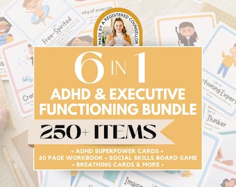 ADHD Executive Functioning Worksheet Bundle for Kids, ADHD Planner, ADHD Counseling, Emotional Regulation Coping Skill Cards, Social Skills