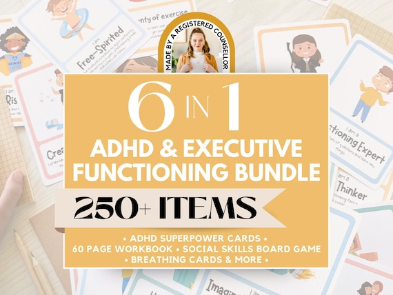 ADHD Executive Functioning Worksheet Bundle for Kids, ADHD Planner, ADHD Counseling, Emotional Regulation Coping Skill Cards, Social Skills