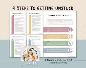 Step To Getting Unstuck Psychoeducational Worksheets and Coping Skills List, Managing Change and Motivation, Breaking Self-Sabotage Habits