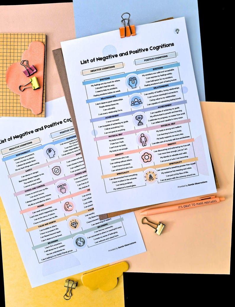 May include: Two printed sheets titled "List of Negative and Positive Cognitions" with text and illustrations, held together with orange binder clips. A peach-colored pen with the text "IT'S OKAY TO MAKE MISTAKES" is also visible. The background includes various colored papers.