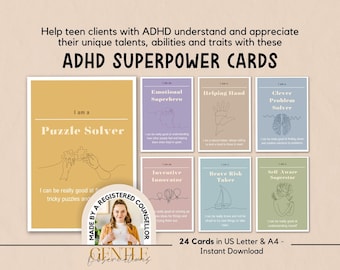 May include: A set of ADHD Superpower Cards featuring seven rectangular cards in various pastel colors. Each card displays a unique title like Puzzle Solver, Emotional Superhero, and Clever Problem Solver, accompanied by line art illustrations and text.