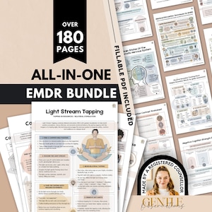 May include: An all-in-one EMDR bundle featuring over 180 pages of printable resources. The collection includes various worksheets, guides, and instructional sheets with diagrams, text, and illustrations related to therapeutic techniques and mental health.
