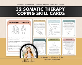 May include: A set of 32 somatic therapy coping skill cards featuring instructional text and line art illustrations for exercises like tapping, rocking, and body scanning. The cards are presented in a grid with a circular badge stating Made by a Registered Counsellor.