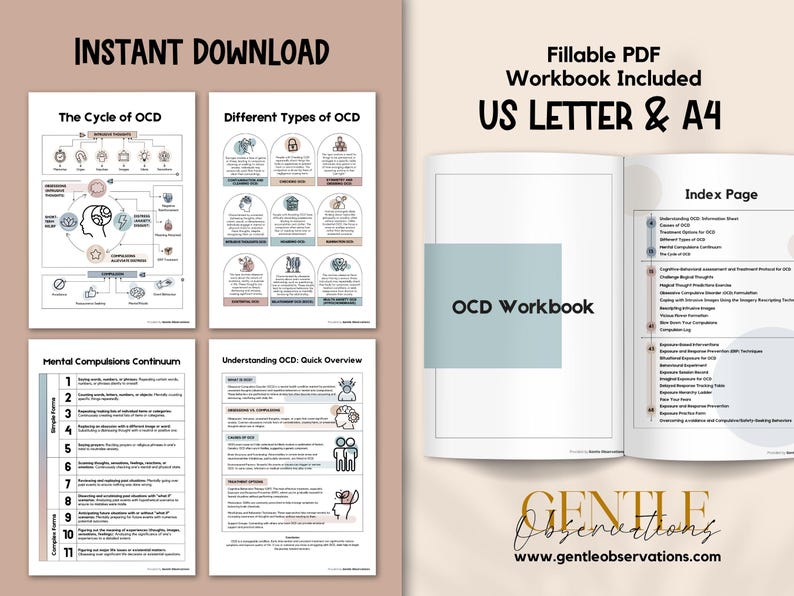 May include: A printable PDF workbook for understanding and managing obsessive-compulsive disorder (OCD). The workbook includes a cycle of OCD diagram, different types of OCD, a mental compulsions continuum, and a quick overview of OCD. The workbook is available in US Letter and A4 sizes.