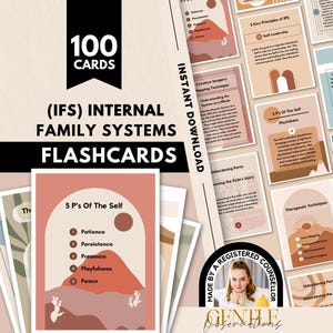 May include: A set of 100 Internal Family Systems flashcards featuring educational content on therapeutic techniques, the 5 P's of the Self, and key principles. The cards display a muted colour palette with abstract shapes, text, and illustrations.