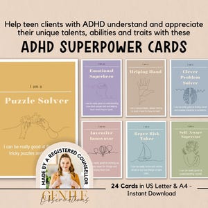 Op de afbeelding: Een set ADHD Superpower Cards met diverse pastelkleurige rechthoeken, lijntekeningen en tekstlabels zoals Puzzle Solver, Emotional Superhero, Helping Hand, Clever Problem Solver, Inventive Innovator, Brave Risk Taker en Self Aware Superstar.