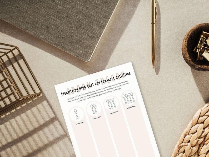 May include: A printable worksheet with the title "Identifying High-cost and Low-cost Activities". The worksheet uses a spoon icon to represent the cost of activities. The worksheet is designed to help people identify activities that require a lot of energy and activities that require less energy.