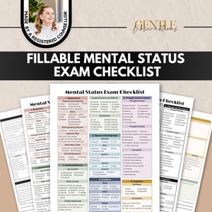 May include: A fillable mental status exam checklist document featuring multiple pages with organized sections for appearance, behavior, speech, thought, and cognition. The printed forms include checkboxes and categories for clinical assessment documentation.