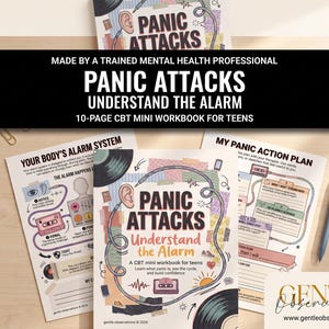 Puede incluir: Un mini libro de ejercicios de TCC de 10 páginas para adolescentes titulado Panic Attacks Understand the Alarm. La portada presenta un título central, una ilustración de una oreja, casetes y discos de vinilo. Dos páginas muestran el sistema de alarma corporal.