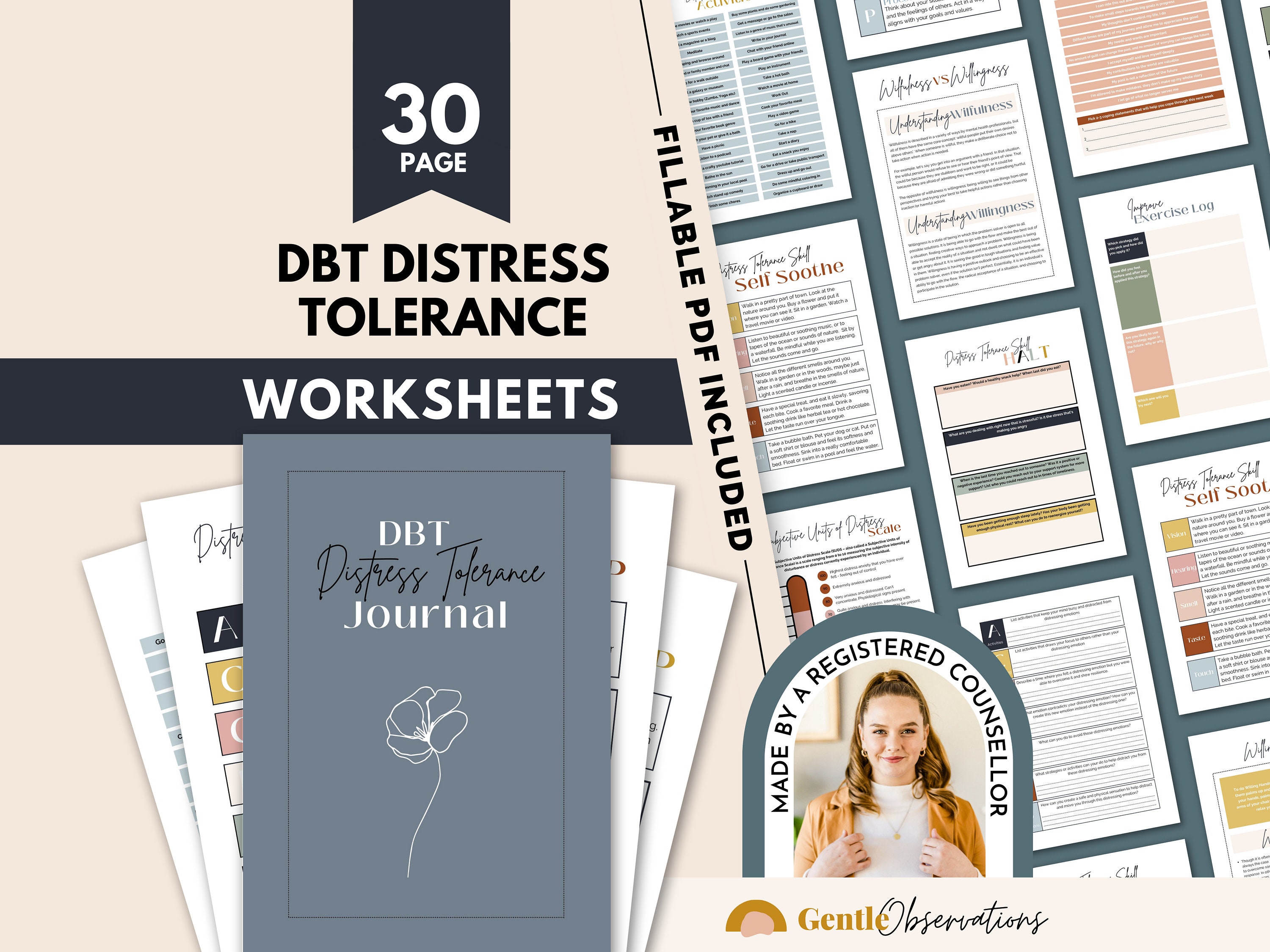 DBT Workbook, Distress Tolerance, DBT Journal, DBT Spickzettel, Therapie-Arbeitsblätter, Distress-Skala, Werkzeug zur Angstlinderung, DBT