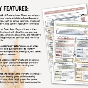 May include: A worksheet titled "Couples' Communication Cheat Sheet" in beige and white, detailing communication styles in relationships. It features text and illustrations, covering passive, passive-aggressive, aggressive, and assertive styles. Key features are listed.