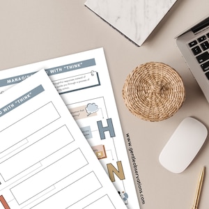 May include: Two printable worksheets with the title "Managing ADHD with "THINK"" and a diagram with the letters "THINK" in a thought bubble. The worksheets are on a light brown surface with a laptop, mouse, pen, and a woven coaster.