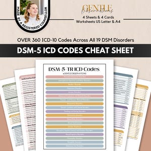 Hoja de referencia de los códigos DSM-5-TR CIE, redacción de informes de salud mental, formularios de consulta de terapia, hoja de referencia de los códigos de diagnóstico de terapia, formulario de admisión psiquiátrica