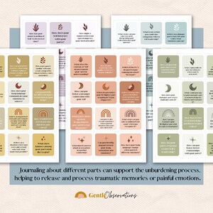 May include: A collection of printable journaling prompts on cards, featuring various designs like rainbows, moons, and leaves. The cards are arranged in a grid, with text such as "How does your self interact with your parts?" The text "Journaling about different parts..." is also visible.