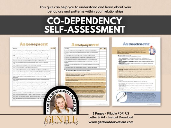Codependent Relationships Self-Assessment for Identifying Codependent Behaviors and Traits, Codependency Therapy Worksheets, Self-Awareness