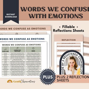 May include: A set of printable documents titled Words We Confuse With Emotions, featuring a table that lists words used, underlying emotions, and needs. The set includes two reflection sheets and a circular badge stating Made By A Registered Counsellor.