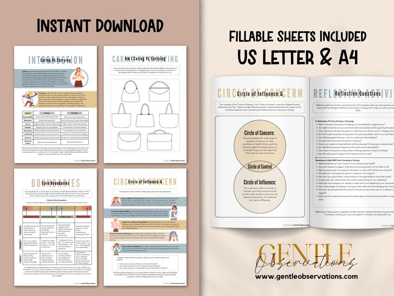 May include: A printable worksheet set for personal development, featuring a circle of influence and concern diagram, a table with boundaries, and a section on caring vs. controlling. The worksheets are designed for use with US Letter and A4 paper sizes. The text "GENTLE OBSERVATIONS" and the website address "www.gentleobservations.com" are included at the bottom of the page.