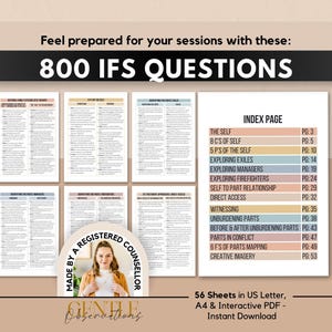 May include: A collection of 800 IFS questions presented on multiple printed sheets and an index page. The text includes headings like The Self, Exploring Exiles, and Managers. A circular badge features a person and the text Made by a Registered Counsellor.