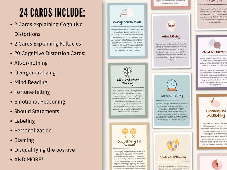 Cognitive Distortion Worksheets, Thinking Errors Flashcards, Unhelpful Thinking Patterns Workbook, CBT Worksheets, CBT Therapy, Anxiety Tool image 7