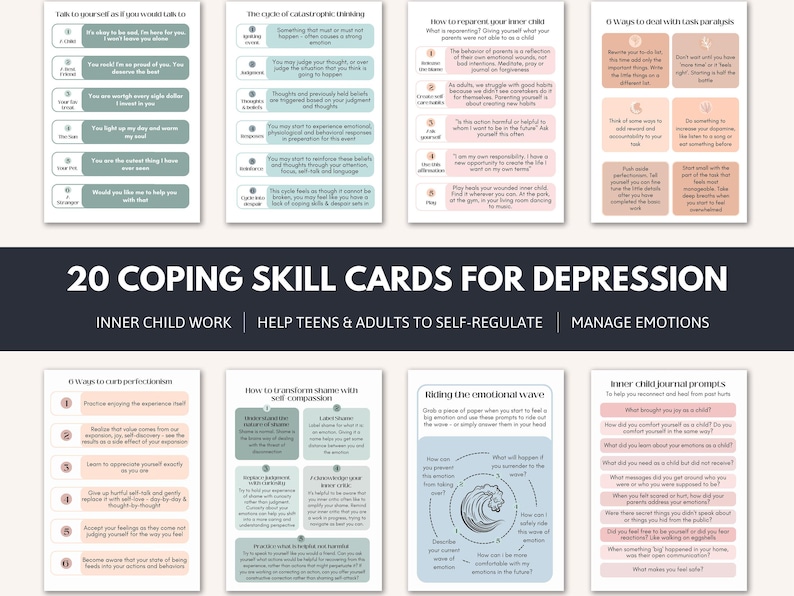 Tarjetas de habilidades para afrontar la depresión, sanación del niño interior, distorsiones cognitivas, habilidades para afrontar la vergüenza, diario de perfeccionismo, terapia cognitivo conductual para la ansiedad. imagen 2