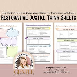 Puede incluir: Tres páginas imprimibles tituladas Restorative Justice Think Sheets con indicaciones para que los niños reflexionen sobre sus acciones, sentimientos y decisiones. Las hojas incluyen casillas de verificación y burbujas de texto para escribir, con una insignia circular.