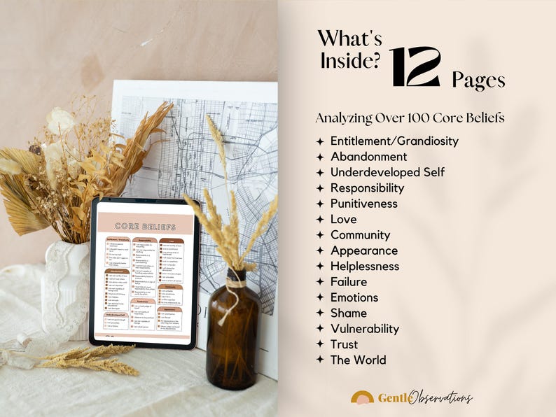 Common Core Beliefs Worksheets for Therapists, Cognitive Behavioral Therapy CBT Tool Maladaptive Beliefs and Automatic Thoughts Cheat Sheets image 3