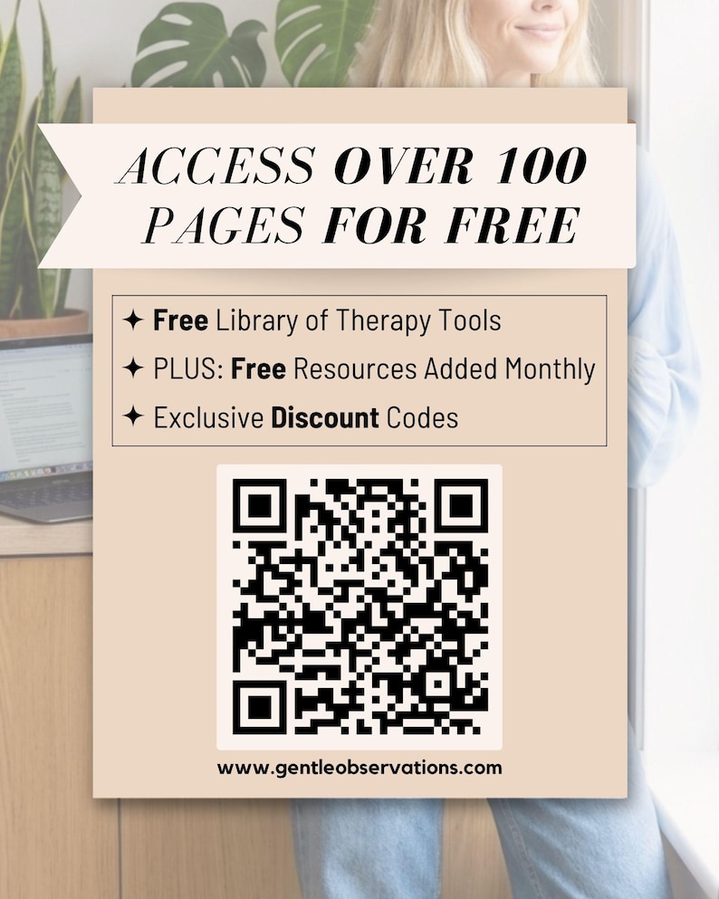 The image is an advertisement for a website that offers access to over 100 pages for free, including a free library of therapy tools and additional resources added monthly. The website also provides exclusive discount codes.