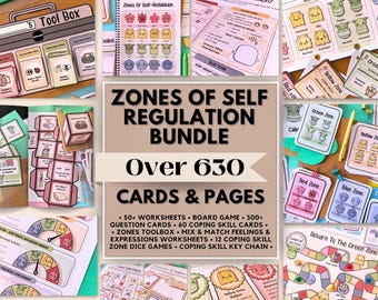 May include: A Zones of Self Regulation bundle featuring over 630 cards and pages, including worksheets, a board game, question cards, coping skill cards, a toolbox, feelings worksheets, dice games, and a coping skill key chain with colorful illustrations.