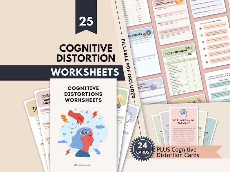 The image is a collection of cognitive distortion worksheets, including worksheets for cognitive distortions and cognitive distortion cards. The worksheets are designed to help individuals recognize and challenge negative thoughts and beliefs that contribute to distorted thinking patterns.