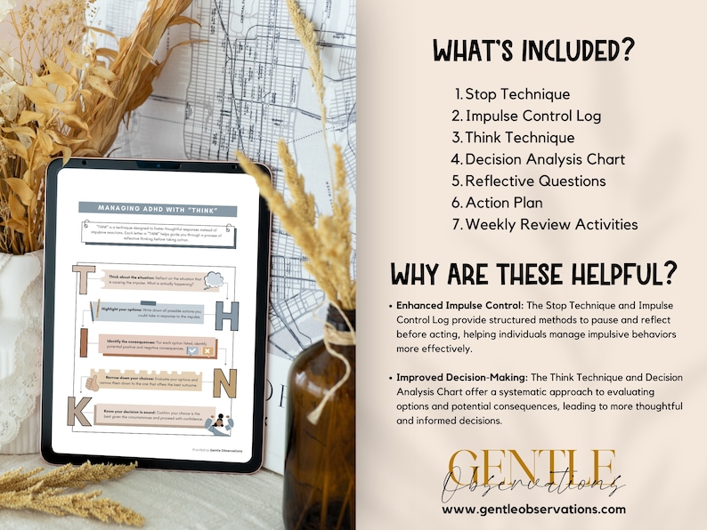 May include: A digital printable worksheet titled "Managing ADHD with 'THINK'". The worksheet features a flowchart with the acronym THINK, outlining steps to manage impulsive behaviors. The worksheet is part of a larger set of resources for managing ADHD.