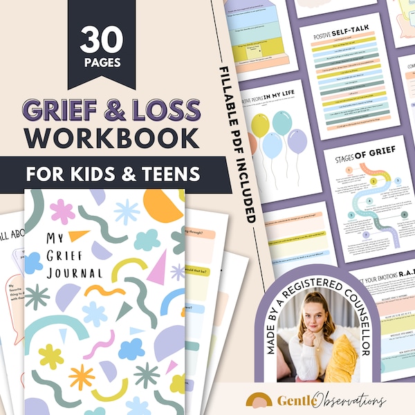 Grief Workbook for Kids, Grief and Loss, Grief Journal, Stages of Grief, Social Emotional Learning, CBT Worksheets, Therapy Intervention,SEL