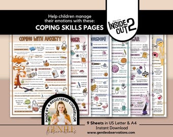 Inside Out 2: One-Page Coping Skills for Emotional Regulation, Psychoeducational Kids Therapy Handouts for School Counseling, Calming Corner