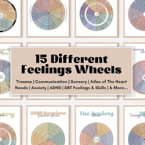 May include: A collection of 15 different feelings wheels presented as framed posters. Each circular chart features pastel-coloured segments with text labels for topics like trauma, communication, sensory, ADHD, and DBT skills, organised in a grid layout.