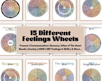 May include: A collection of 15 different feelings wheels presented as framed posters. Each circular chart features pastel-colored segments with text labels for topics like trauma, communication, sensory, ADHD, and DBT skills, organized in a grid layout.