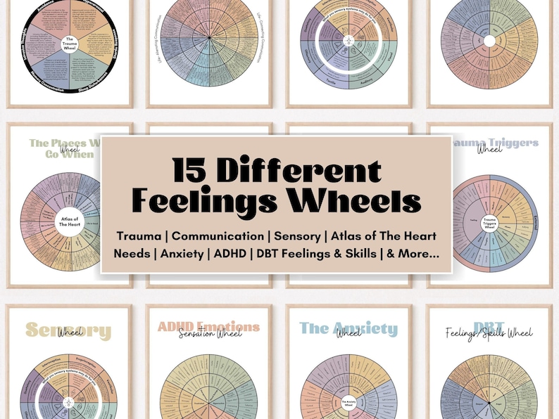 15 Feelings Wheels: Trauma, Trauma Reactions, Anxiety, Atlas of The Heart, Power & Control, Self-Care, DBT Skills, Somatic, ADHD, Sensory image 1