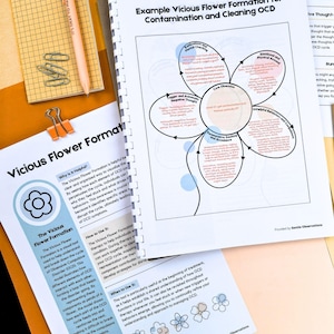 May include: A spiral-bound booklet titled "Example Vicious Flower Formation for Contamination and Cleaning OCD" with a diagram. Also, a notepad, pen, paperclips, and a binder clip are visible.