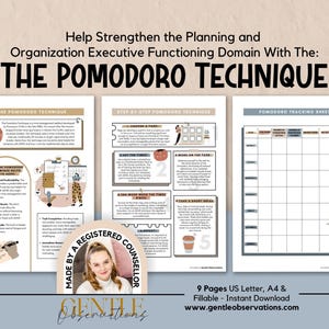 May include: A three-page digital document set titled Help Strengthen the Planning and Organization Executive Functioning Domain With The: THE POMODORO TECHNIQUE. Includes step-by-step instructions, a tracking sheet, and a counselor badge.