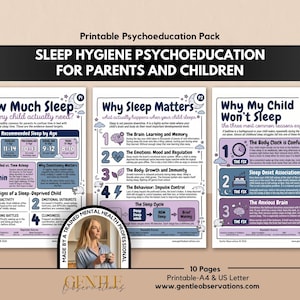 May include: A printable psychoeducation pack titled Sleep Hygiene Psychoeducation for Parents and Children, featuring three informational sheets with text and graphics about sleep needs, the importance of sleep, and common sleep challenges.