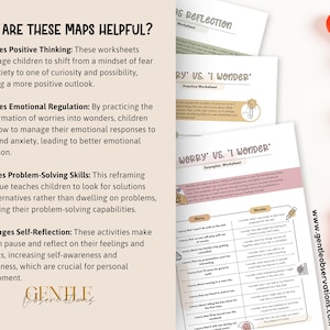 May include: A collection of worksheets with the text "Why Are These Maps Helpful?" and "Worry vs. I Wonder." The worksheets are designed to promote positive thinking, emotional regulation, and problem-solving skills. A wooden toy and a rainbow-shaped toy are also visible.