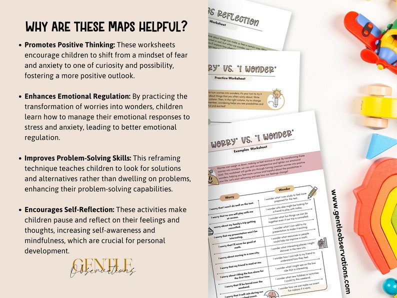 May include: A collection of worksheets with the text "Why Are These Maps Helpful?" and "Worry vs. I Wonder." The worksheets are designed to promote positive thinking, emotional regulation, and problem-solving skills. A wooden toy and a rainbow-shaped toy are also visible.